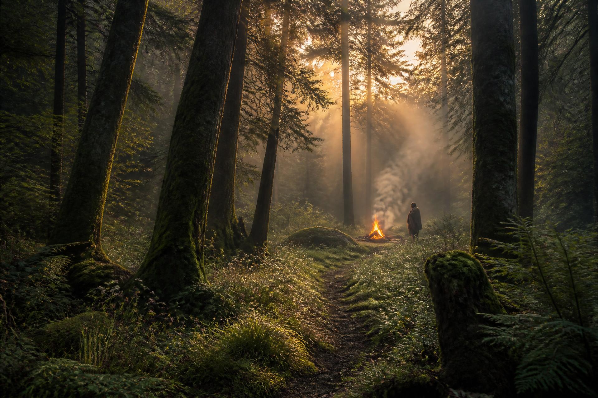Misty pine forest at dawn with a distant campfire